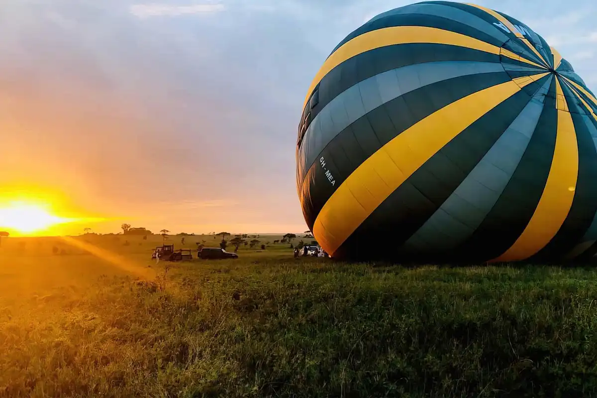 Hot air balloon over the Serengeti at sunrise, Tanzania