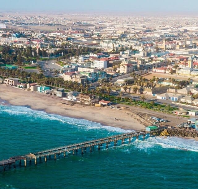 Aerial view of Swakopmund’s seafront and jetty on a clear day