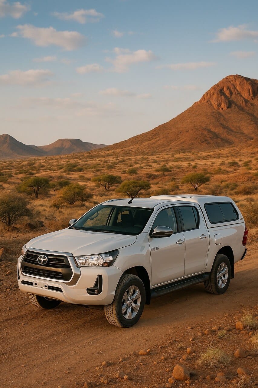 A 4x4 pickup parked on gravel