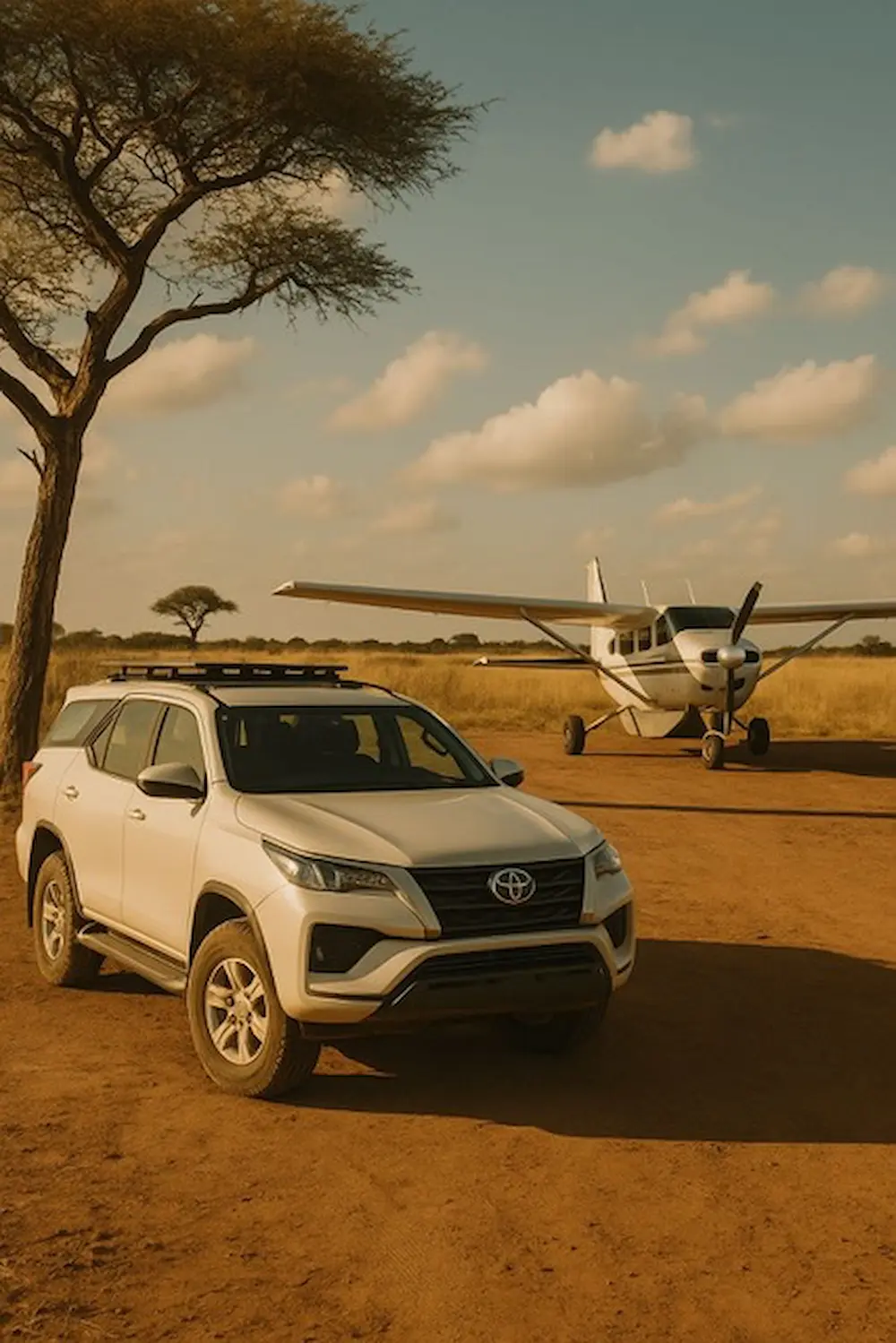 Light aircraft on a Namibian bush airstrip beside a safari vehicle