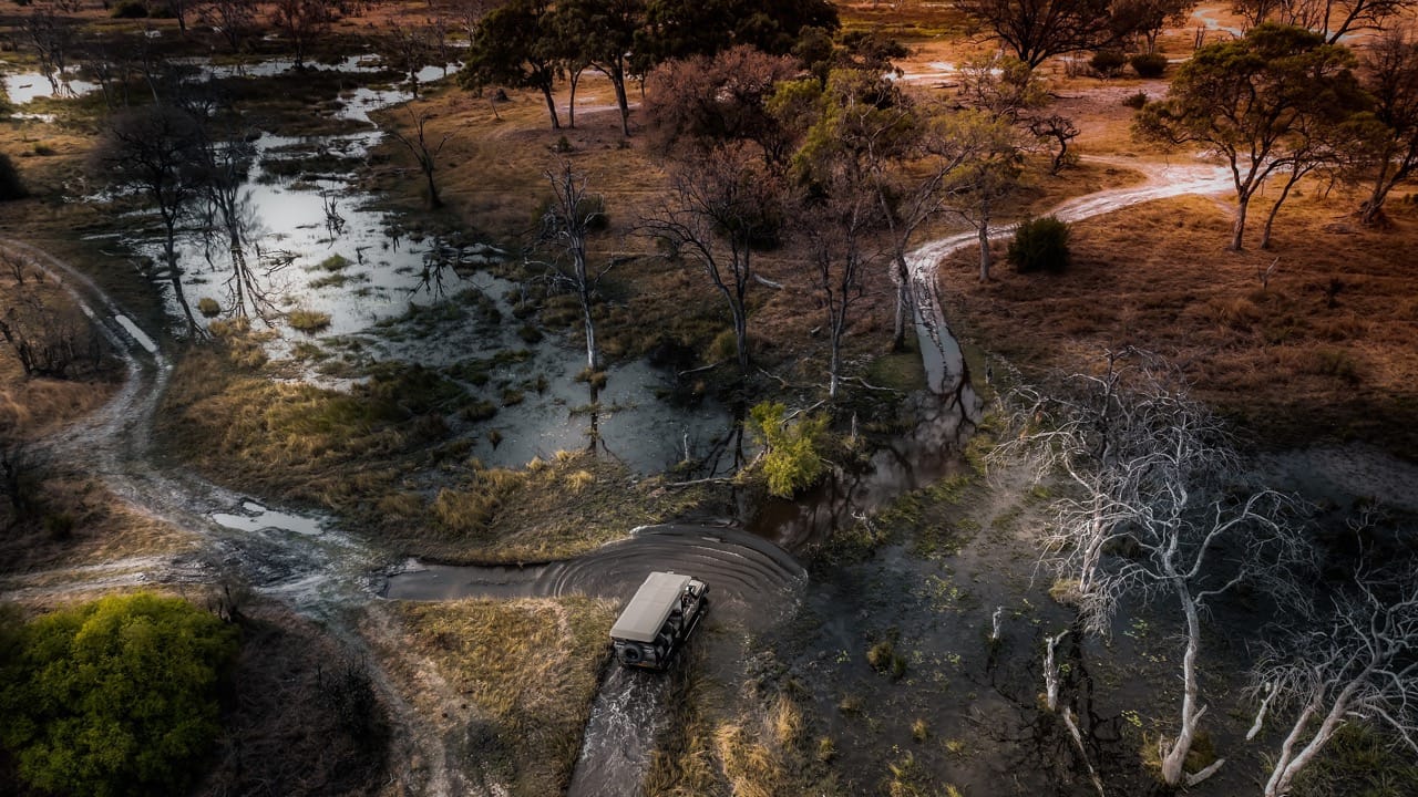 Safari vehicle on a sand track seen from above in southern Africa
